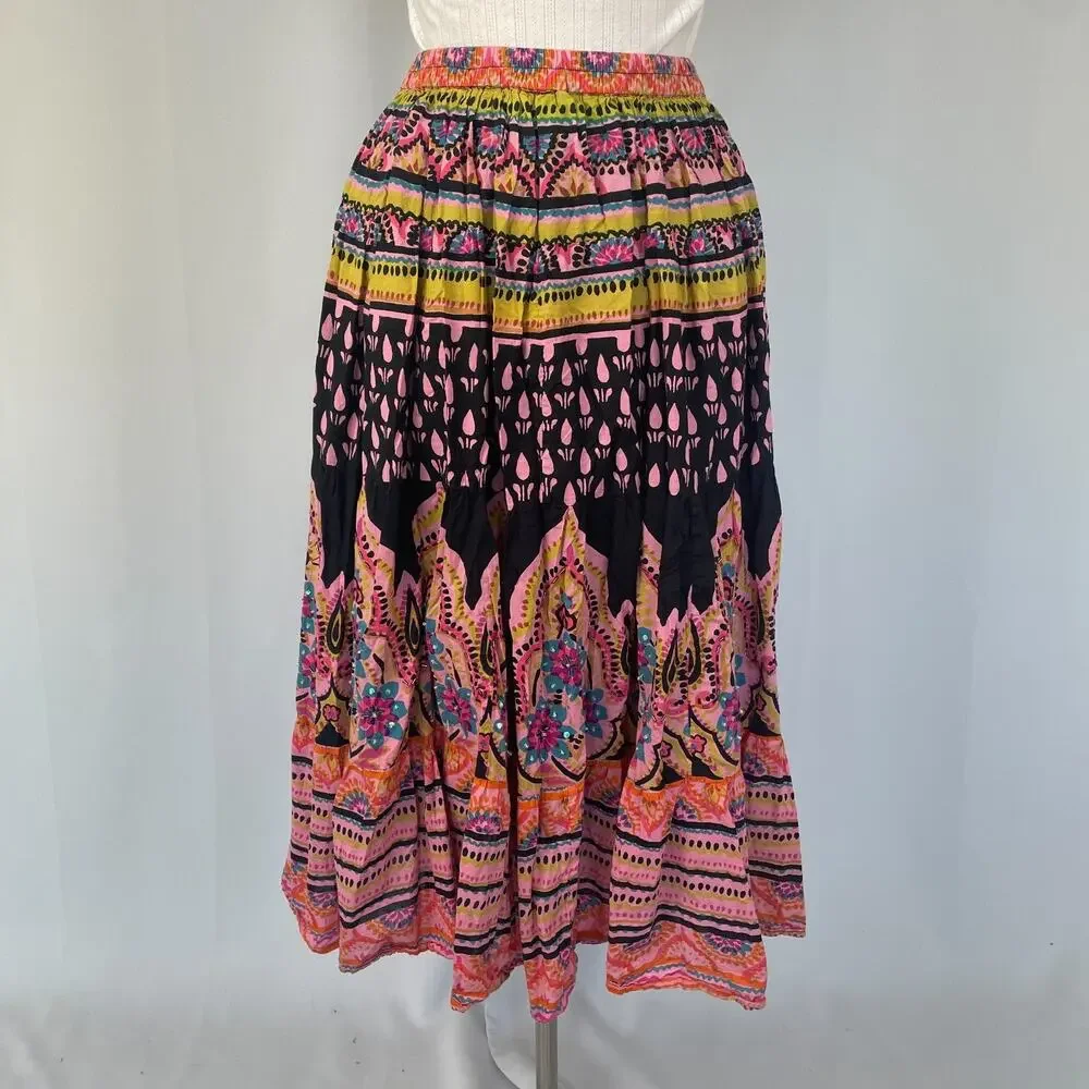 Soft Surroundings Midi Skirt Small Petite PS Pink Tiered Broomstick Boho Hippie